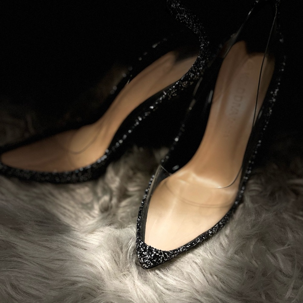 Black and silver glitter plastic heels